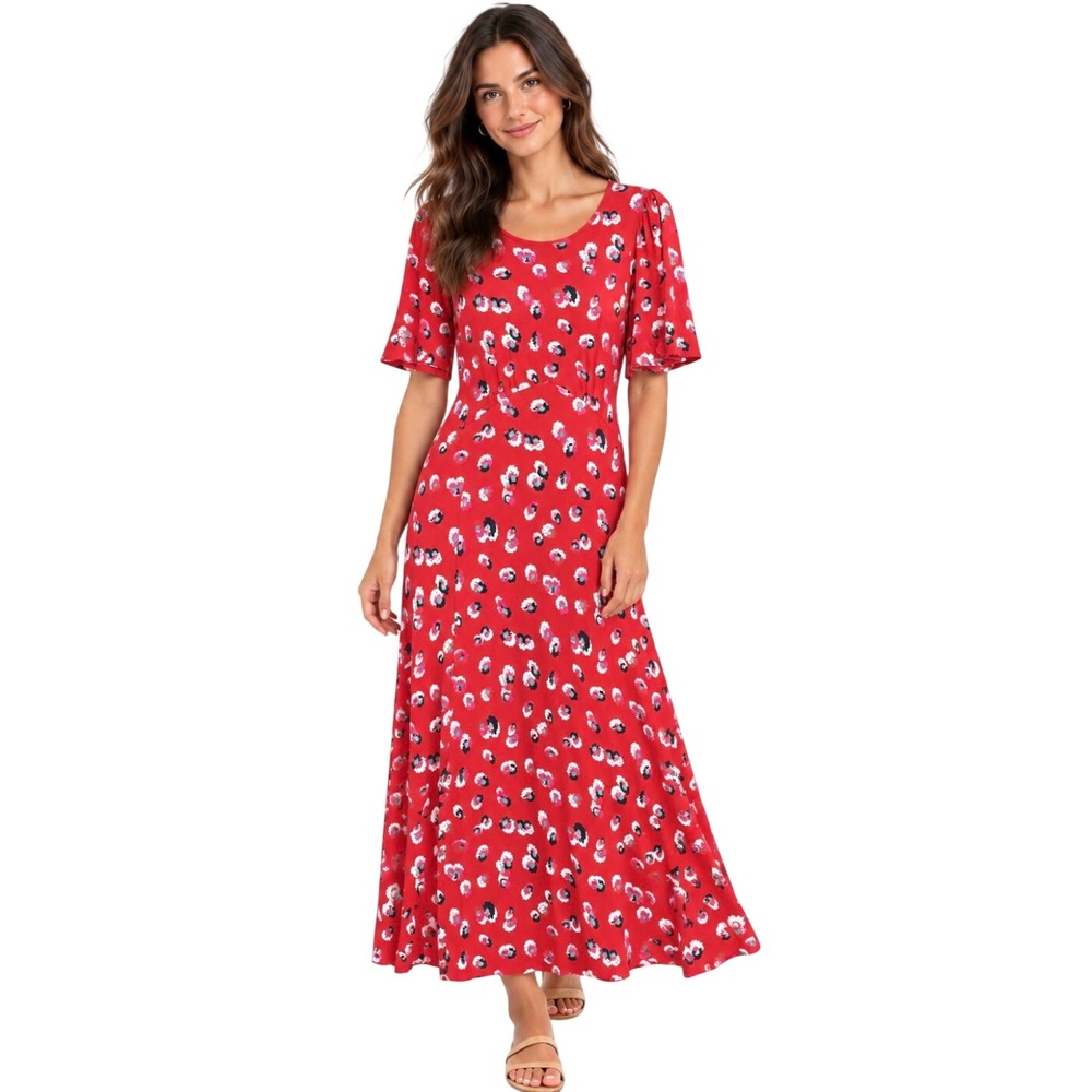 Boden Red Floral Print Short Flutter Sleeve Midi Dress US 10R D0992